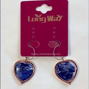 NWT Heart Pendant Earrings Gold & Blue Color